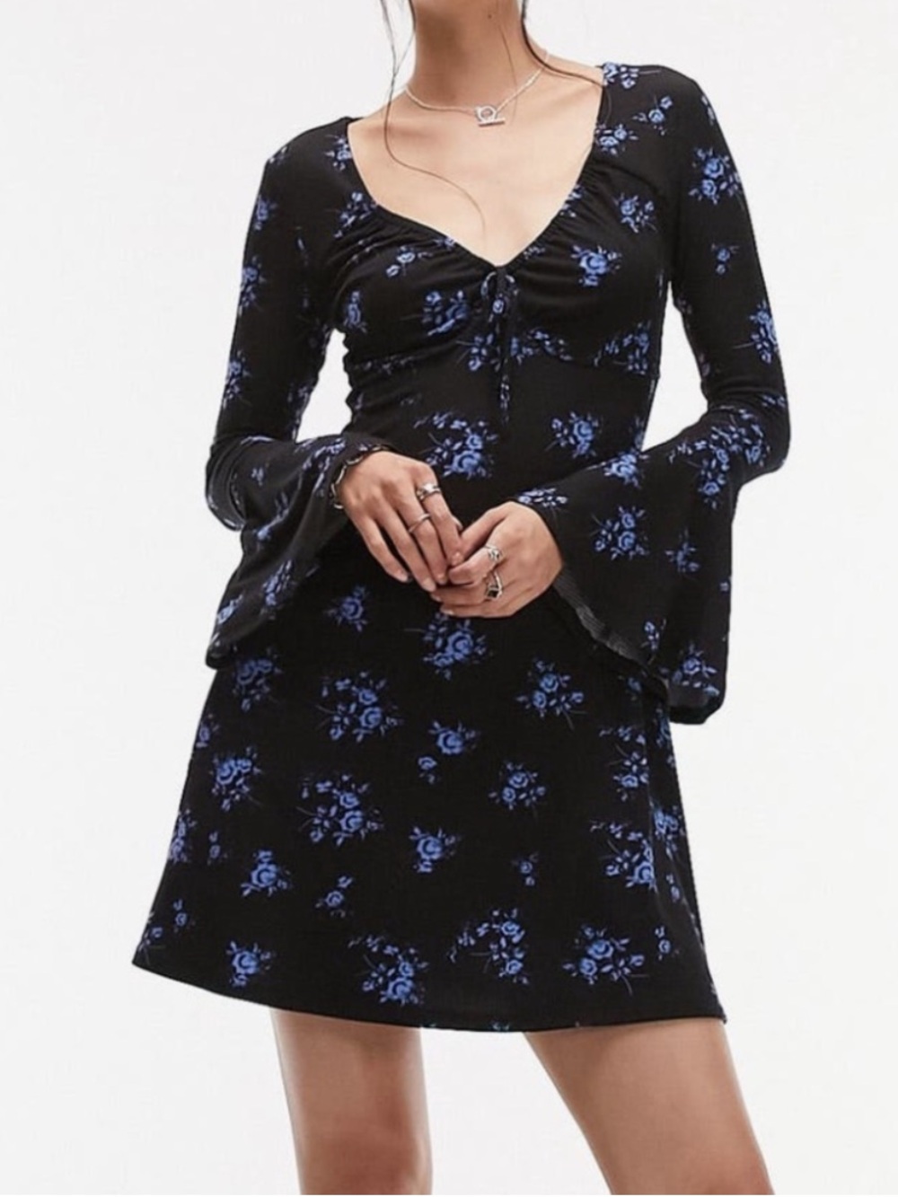 TOPSHOP Blue Floral Bell Sleeve Ribbed Mini Dress, NWOT